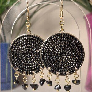 Upcycled Black & Gold Hoops w/ Black Agate and 18K Fishhook Earrings